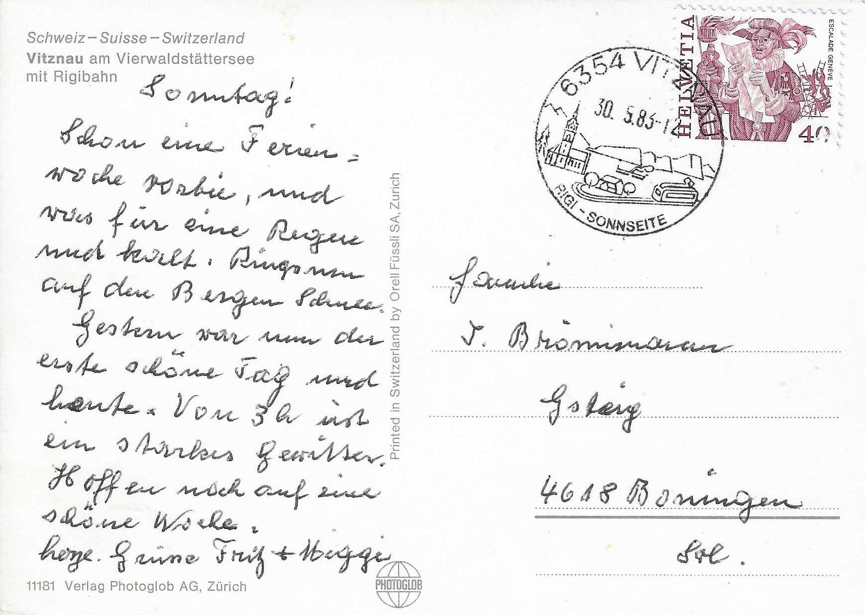 Cartoline postali: Vitznau am Vierwaldstättersee mit Rigibahn – Usato da Rothrist venduto da Stranglehold 1
