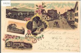 Gruss aus Baar - Bahnhof, Cartonfabrik, Spinnerei - Litho