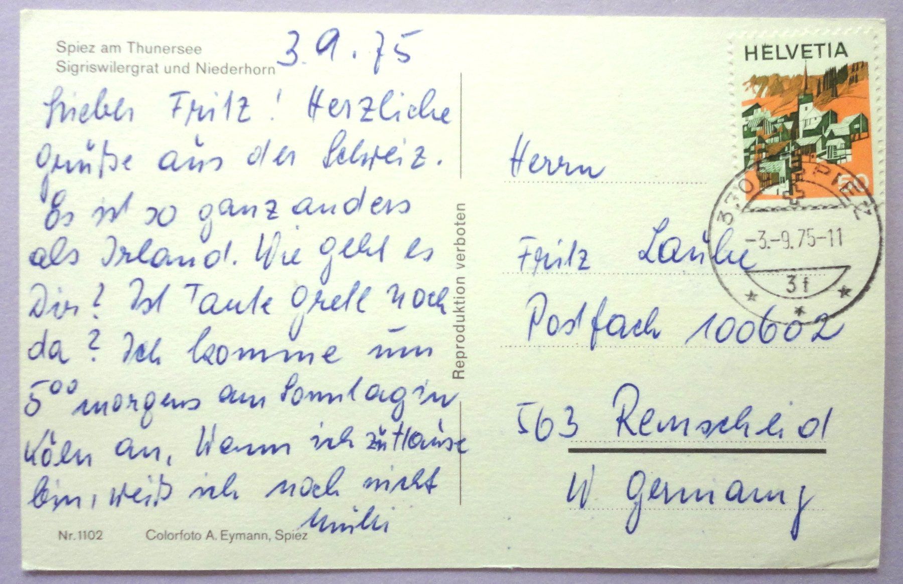 Cartoline postali: Spiez am Thunersee – Usato da Fétigny venduto da Billy2miny 1