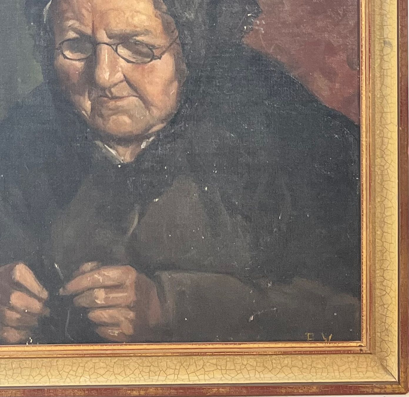 Gemälde: Gemälde von eine Alter Dame mit Brille , Monogrammiert – Gebraucht aus Root von  5