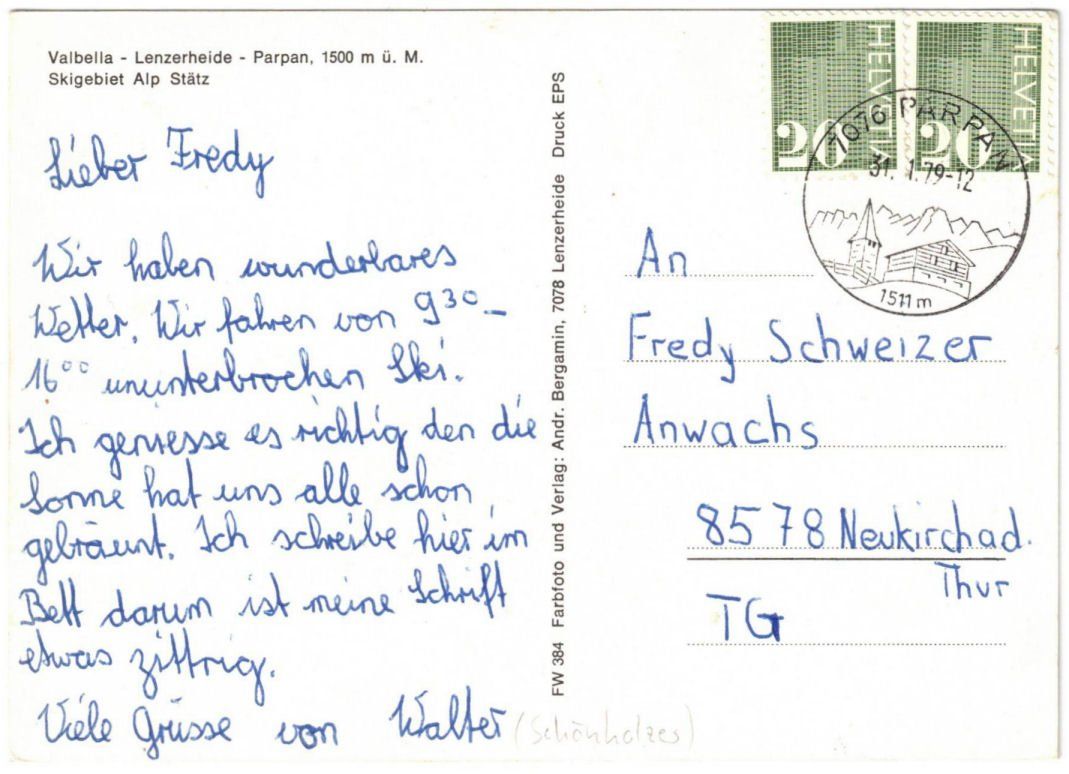 Cartoline postali: Parpan - Skilift Stätzerhorn & Stätzertäli – Usato da Binningen venduto da Mountainrider 1