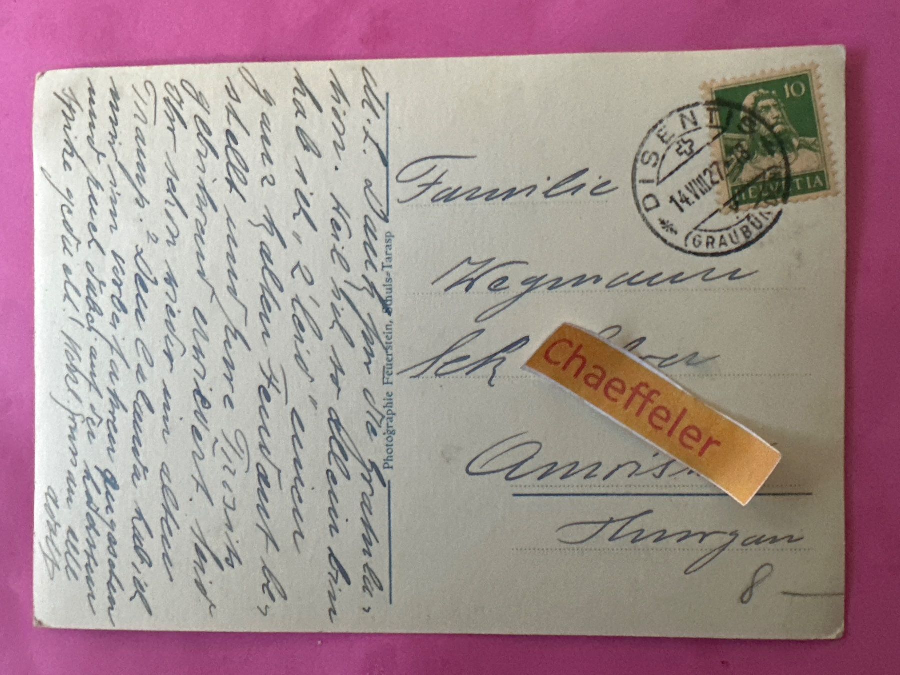 Cartoline postali: 1927 Disentis – Usato da Zürich venduto da Chaeffeler 1