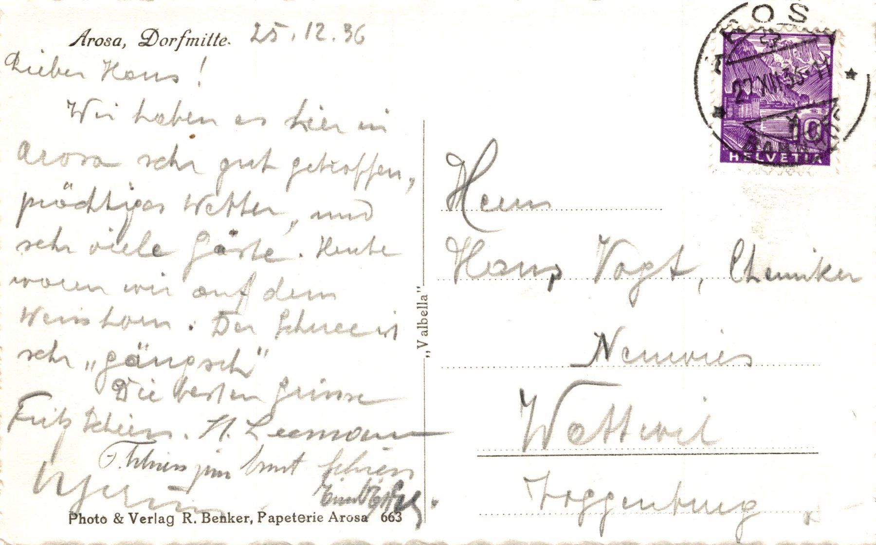 Cartoline postali: Arosa. Dorfmitte im Winter – Usato da Bronschhofen venduto da Astore 1