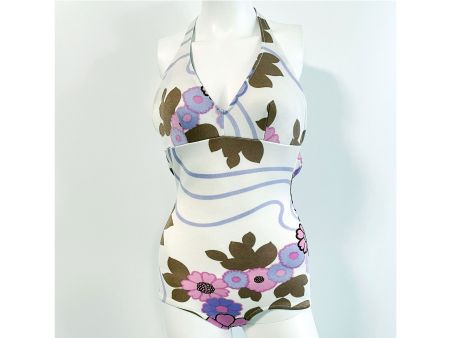 Badekleid Badeanzug Gr. 36/XS weiss floral VINTAGE 1970s