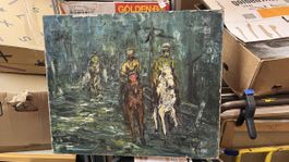 Peinture à l'huile ancienne, cavaliers, année 1956, rare!