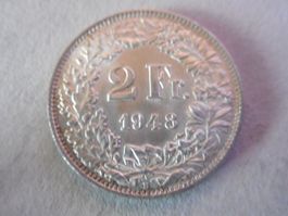 2 Fr. 1948 silber  unz/stgl ungereinigt mit wenig Patina