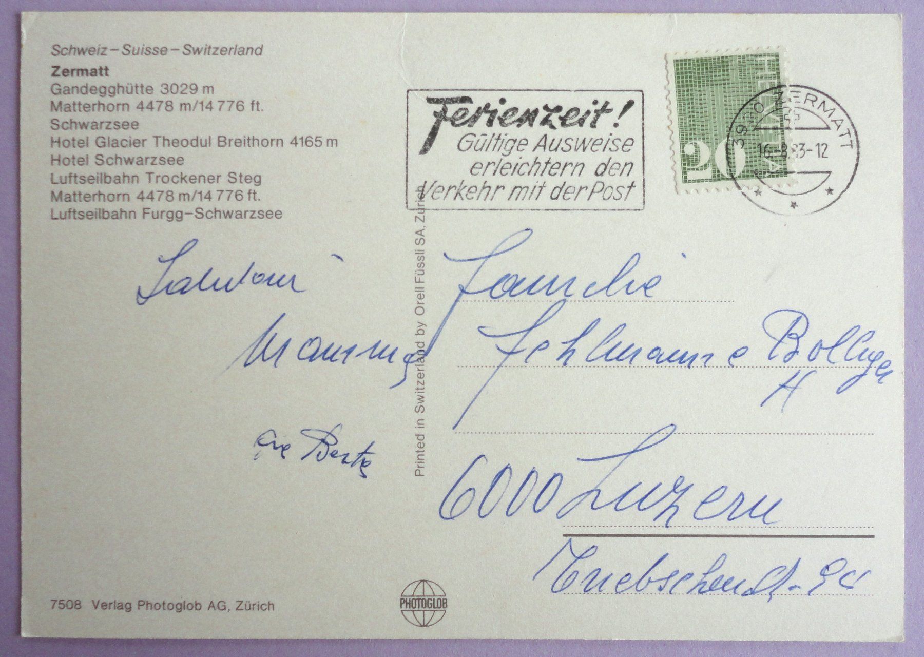 Cartoline postali: Zermatt – Usato da Fétigny venduto da Billy2miny 1