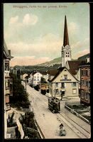 AK Bruggen, Straßenpartie an der protest. Kirche, Straßenbah