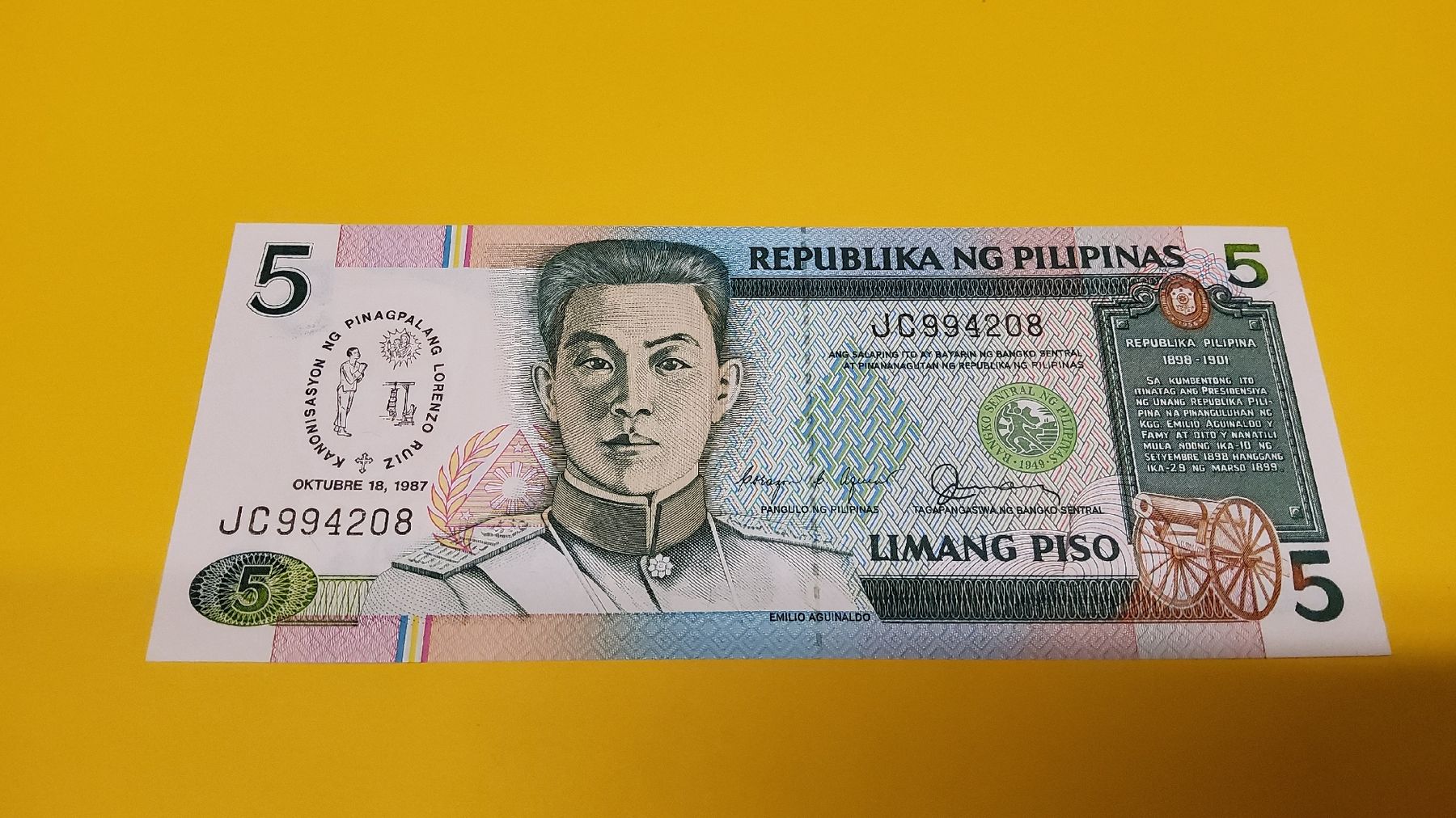 Banconote: Philippinen 5 Piso Note, 1987 – Nuovo e nell'imballaggio originale da Herisau venduto da Nluanalucas