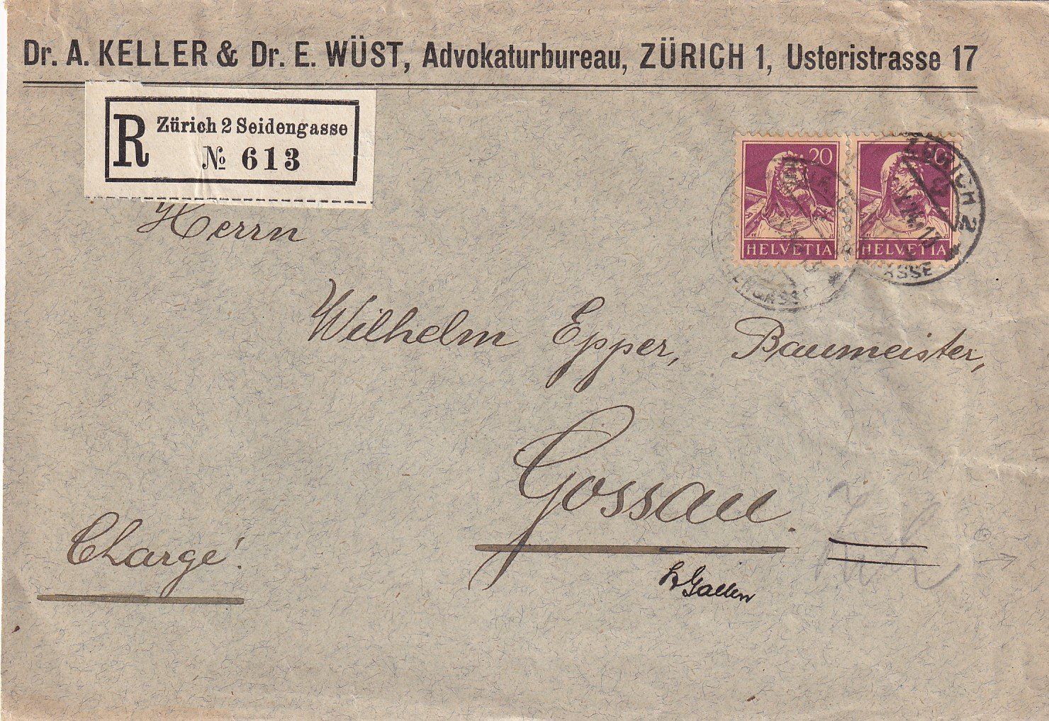 Tutti i francobolli: R-Brief von Zürich nach Gossau SG 1924 – Usato da Baar venduto da Asmara111