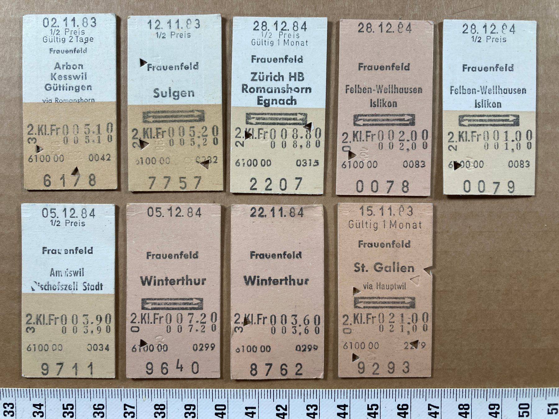 Tickets: Frauenfeld, 9 Edmondsonsche Bahn Billette, 1983 / 1984, SBB – Gebraucht aus Lenzburg von fh1