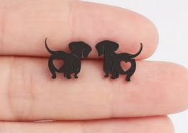 SÜSSE DACKEL OHRSTECKER, HERZ, EDELSTAHL, SCHWARZ NEU