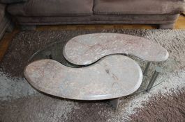 Table basse 2 partie demie lune marbre et verre