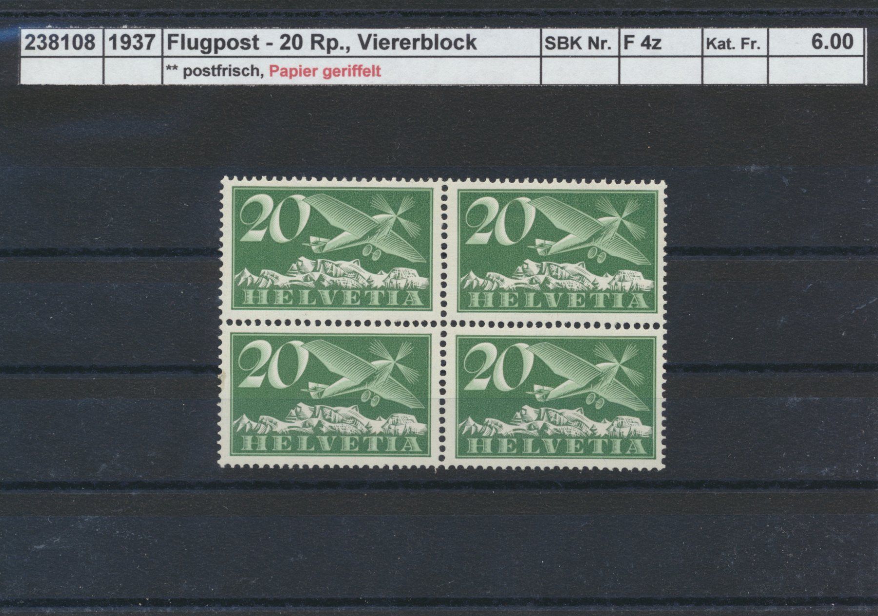 Tutti i francobolli: 1937 Flugpost - 20 Rp., Viererblock geriffelt,  **postfrisch – Nuovo (secondo la descrizione) da Winterthur venduto da Zupogeru