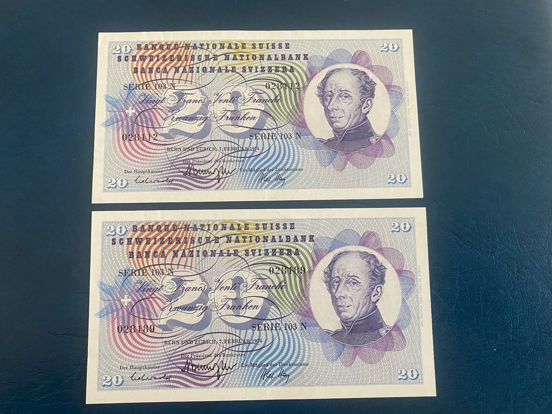 Banconote: 2 x20 Franken 1974 bankfrisch – Nuovo (secondo la descrizione) da Dällikon venduto da Woldbanknoten 1