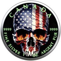 US Flag Fire Skull 2023 Maple Leaf 1 OZ SILBER - COLOR EDITI