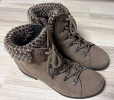 Damen Schnürstiefel braun mit Strickkragen - neuwertig