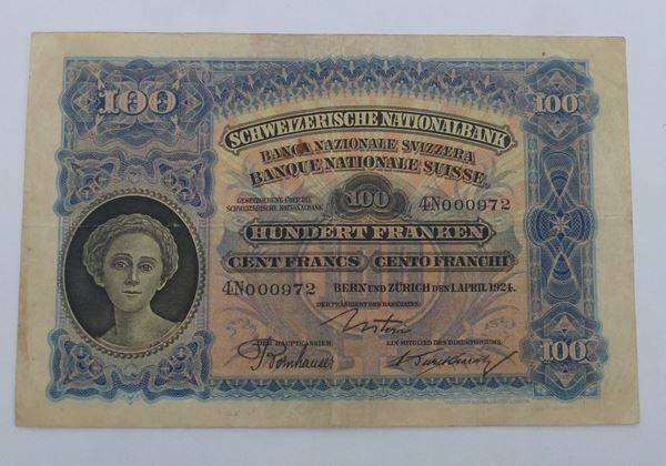 Banconote: ++ 100.- Franken 1. April 1924 – Usato da Walkringen venduto da Casablanca777