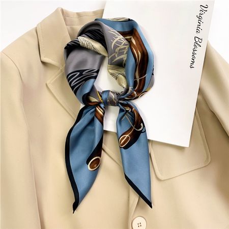 New 68cm Blue Silk Scarf Bamboo and Pelican Print 100% Silk