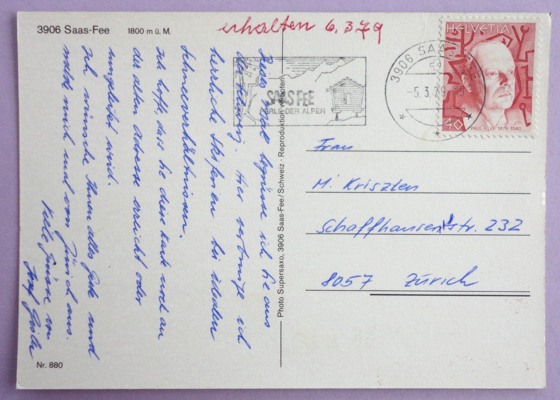 Cartoline postali: Saas-Fee 1800 m ü.M. – Usato da Fétigny venduto da Billy2miny 1