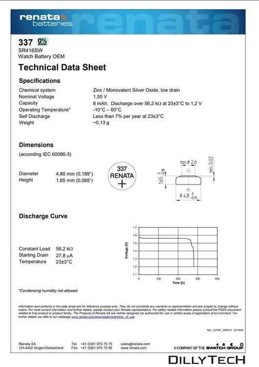 Caricatori & Batterie: Renata 337 Box, SR416SW Knopfzellenbatterie - 1 Stk. – Nuovo e nell'imballaggio originale da Erlenbach ZH venduto da DillyTecH 3