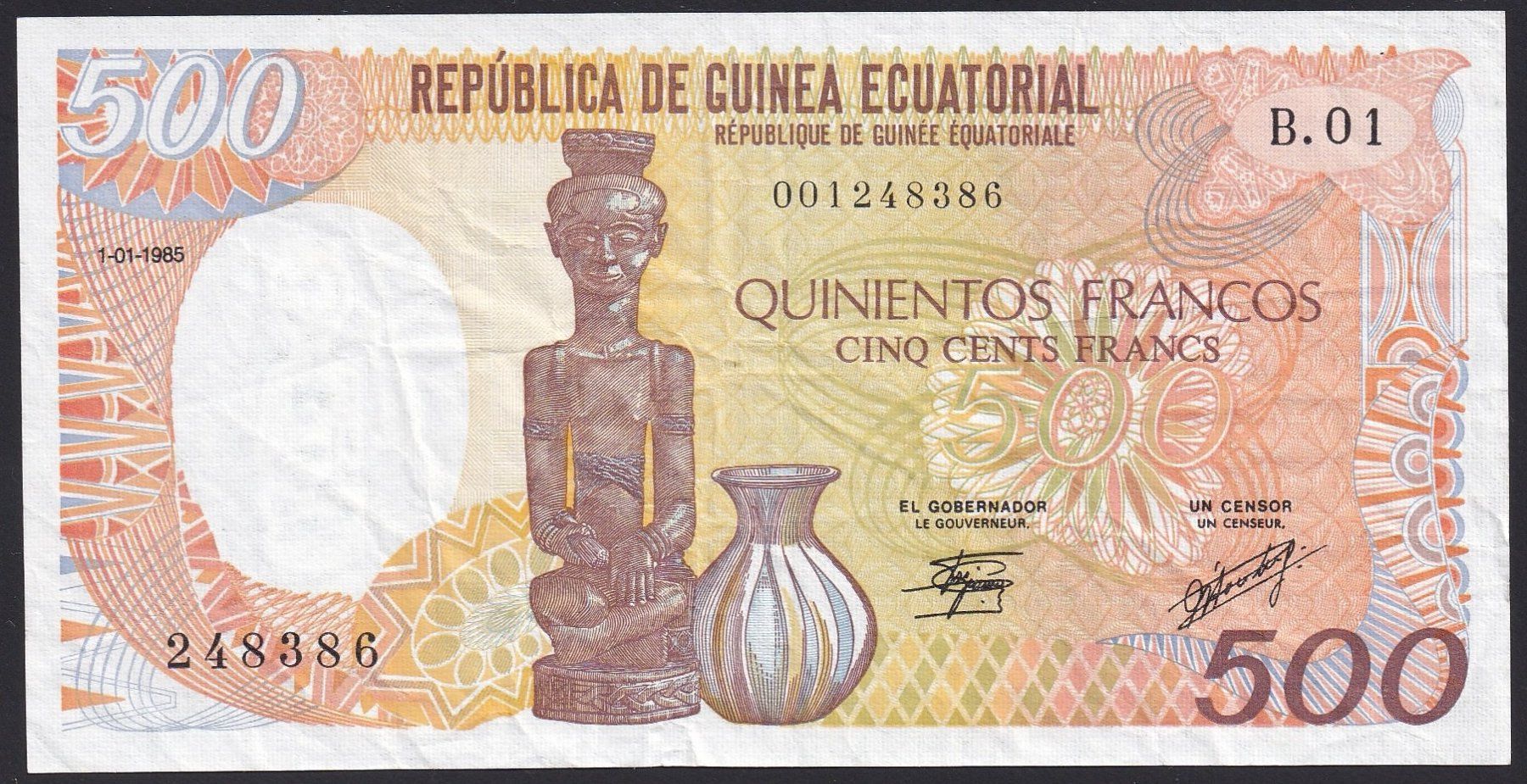 Banconote: Äquatorial Guinea 500 Francs 1985 – Usato da Brugg AG venduto da banknoten_muesli