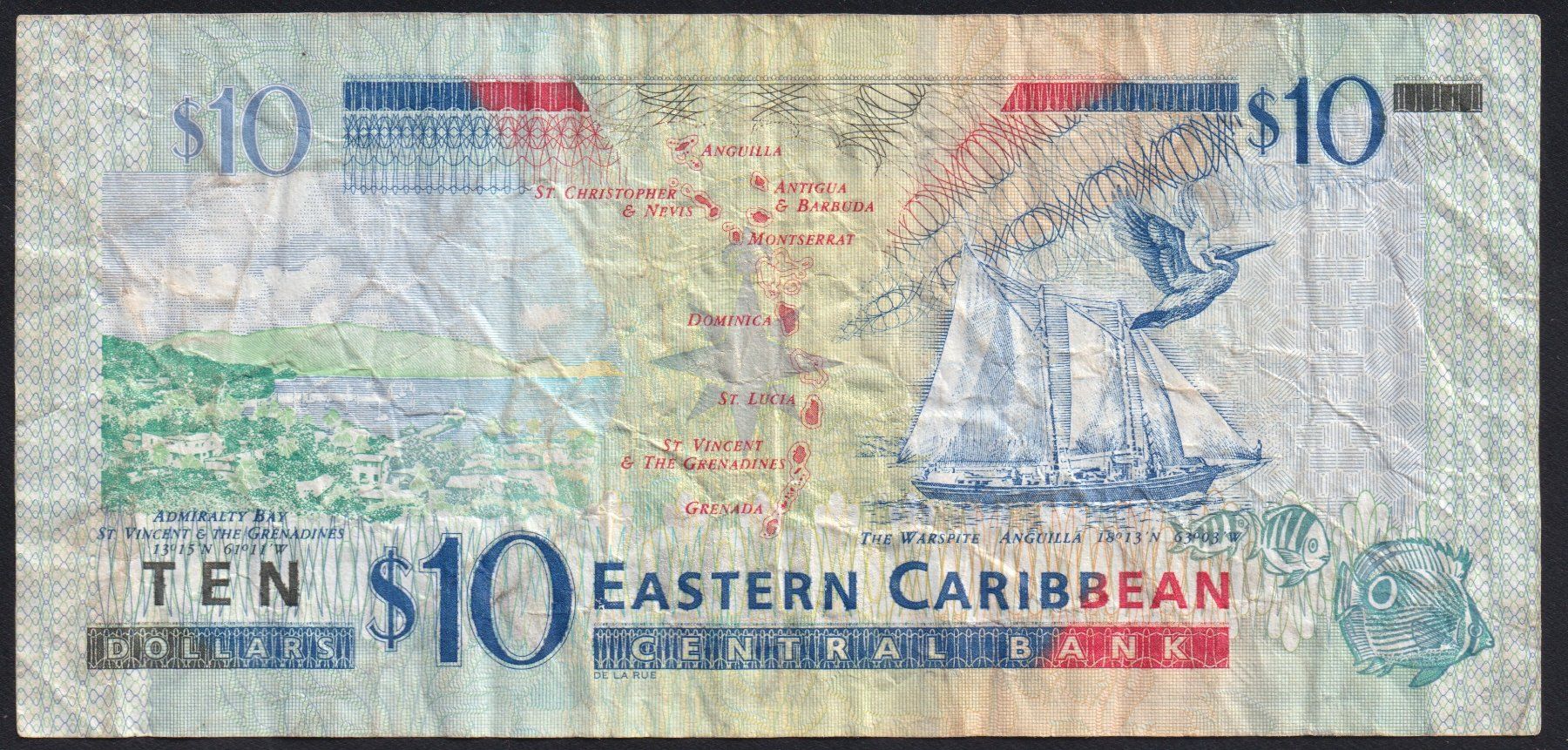 Banconote: Eastern Caribbean Staates 10 Dollars 2012 – Usato da Brugg AG venduto da banknoten_muesli 1