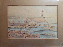 Aquarell Leuchtturm Gemälde 1949 signiert mit Widmung