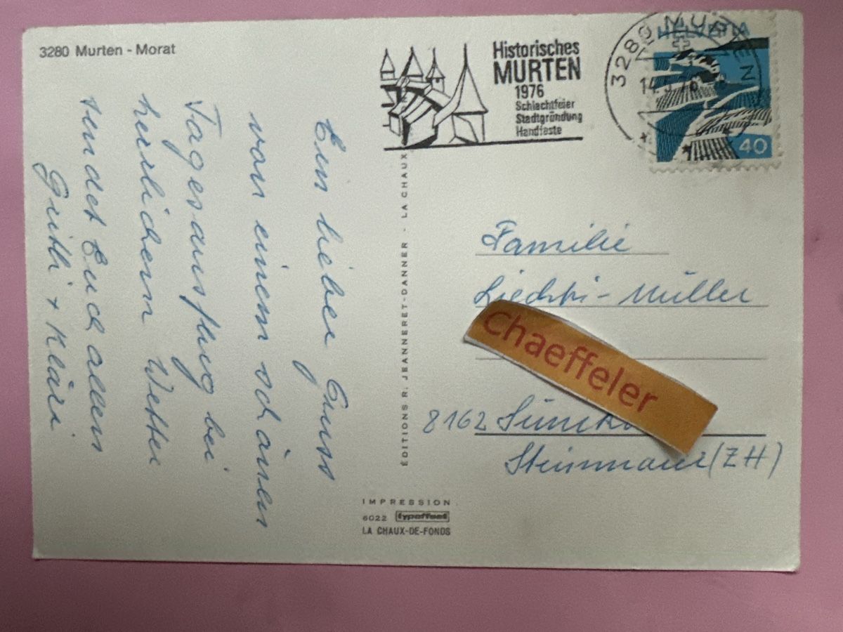 Ansichtskarten: 1976  3280 Murten - Morat – Gebraucht aus Zürich von Chaeffeler 1