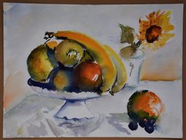 Stillleben mit Obstschale und Sonnenblume, Aquarell unsign.