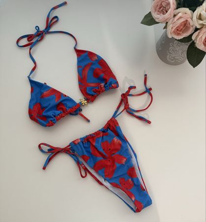 Bikini blau-rot geblümt Groesse L neu