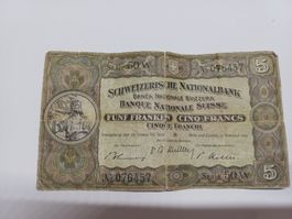 Schweizer Note 5 Franken 1951 - Rarität!