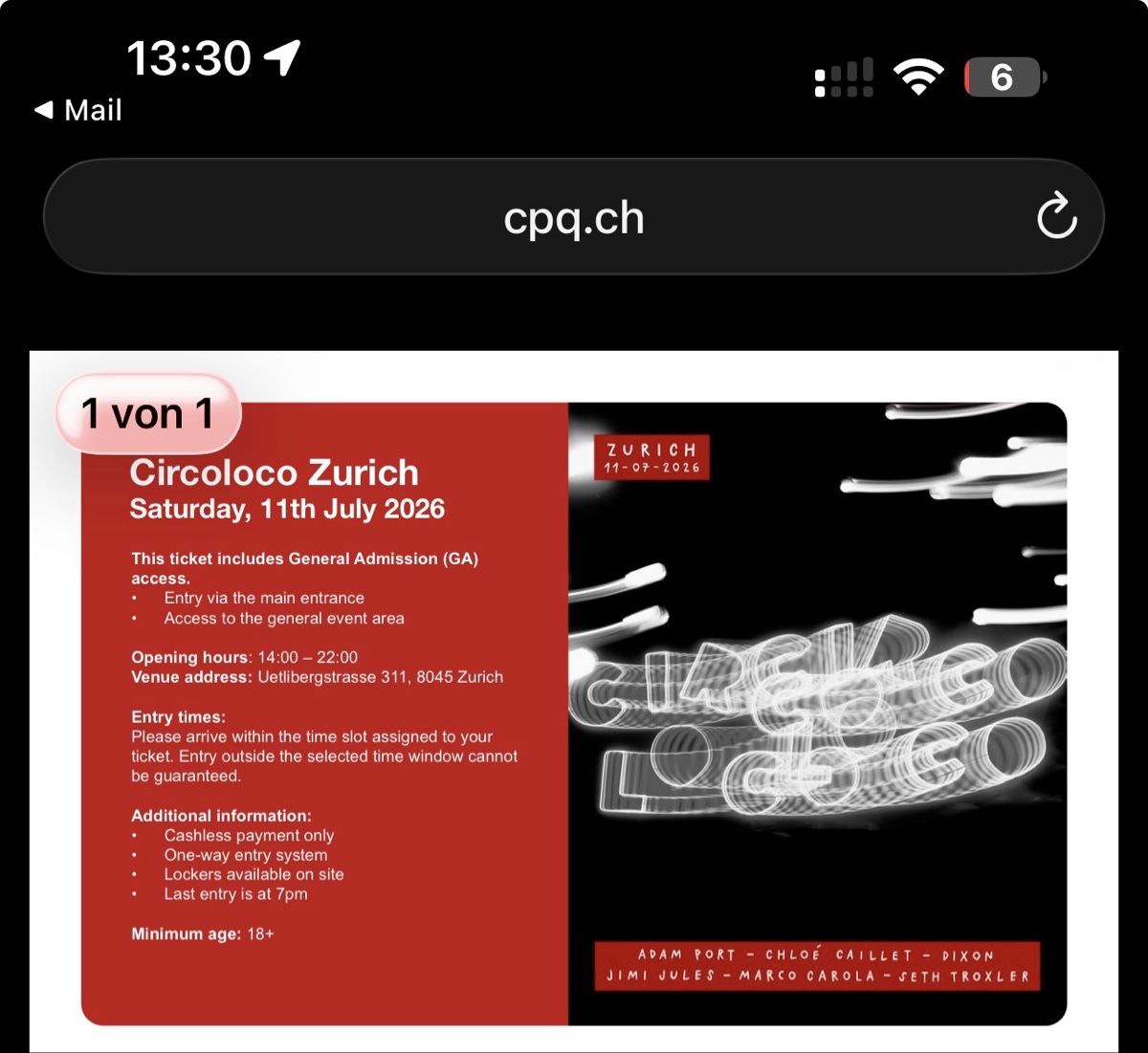 Biglietti: Circoloco Zürich 4x Tickets – Nuovo e nell'imballaggio originale da Dübendorf venduto da mar_jm7p