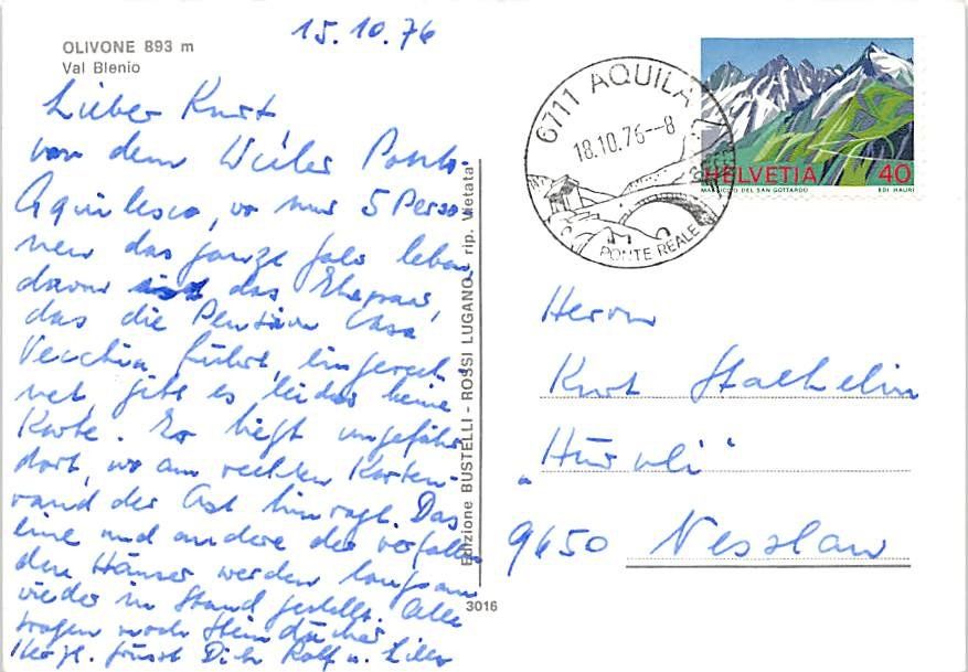 Ansichtskarten: TI - Olivone, Val Blenio – Gebraucht aus Ottikon b.Kemptth. von Neptun1974 1