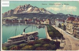 Luzern - Schweizerhofquai und Pilatus - Dampfschiff - Litho