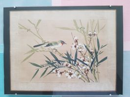 Gerahmtes asiatisches Bild: Vogel auf Kirschblütenzweig 🌸