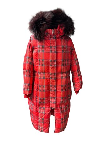Winter Daunenmantel mit Fellkapuze, Rot Kariert, warm!