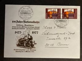 Schweiz 1977 illustr. Sonderbrief 100 J Nationalbahn Dampf 2