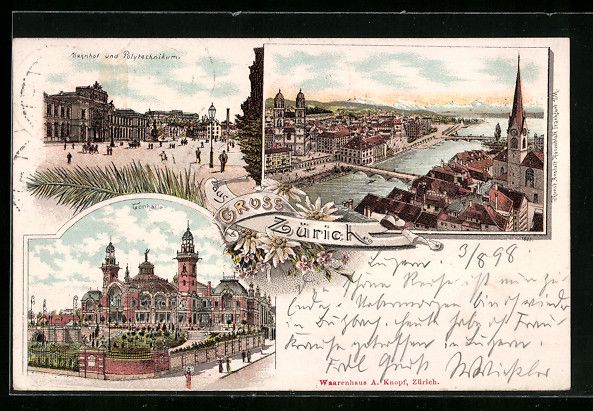Cartes postales: Litho Zürich, Bahnhof mit Polytechnikum – D'occasion à Berlin par bartko-reher
