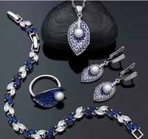 Parure bijoux feuille perle bleue argent neuf état