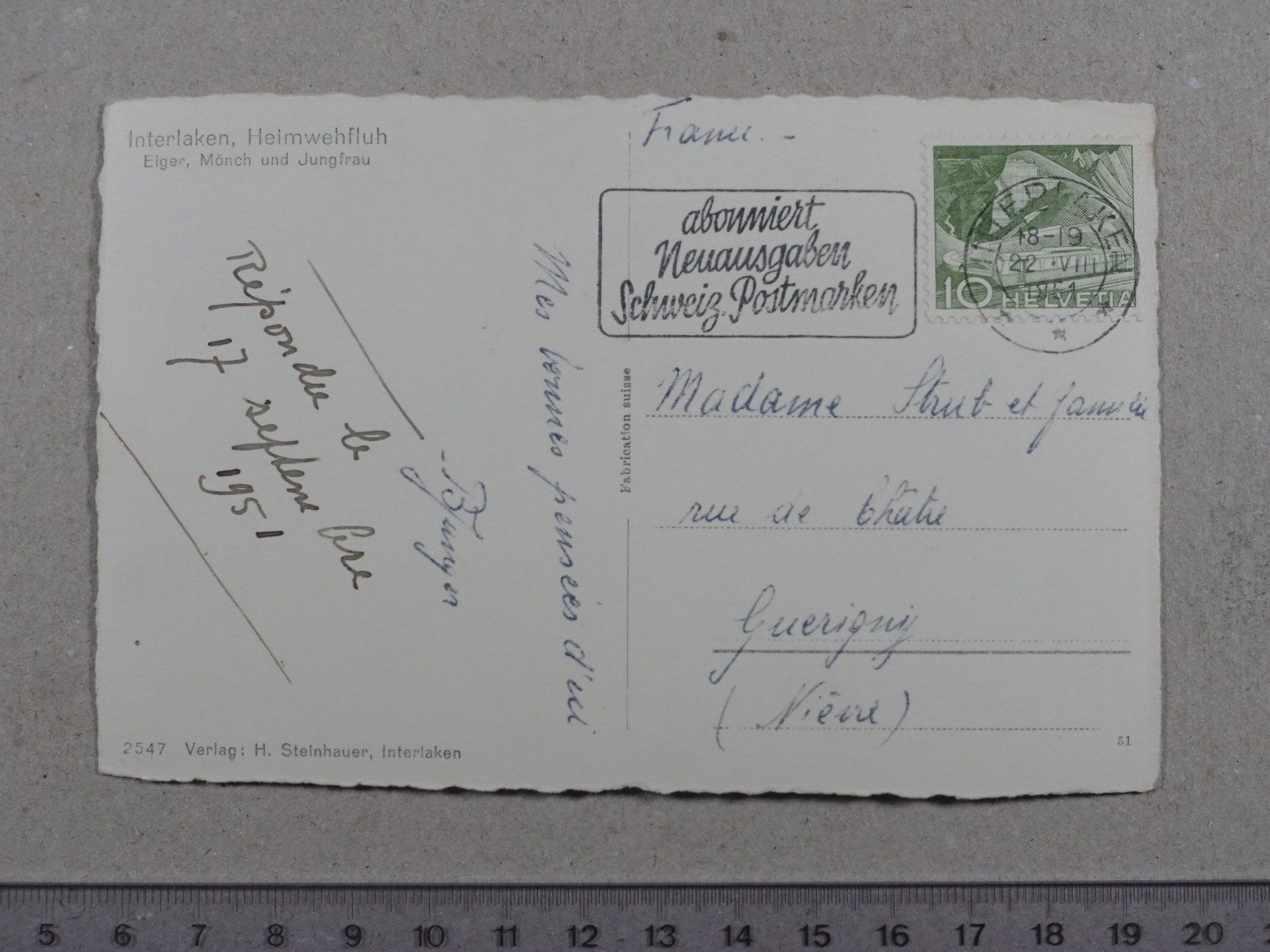 Cartoline postali: Interlaken, 1951 – Usato da Lenzburg venduto da fh1 1