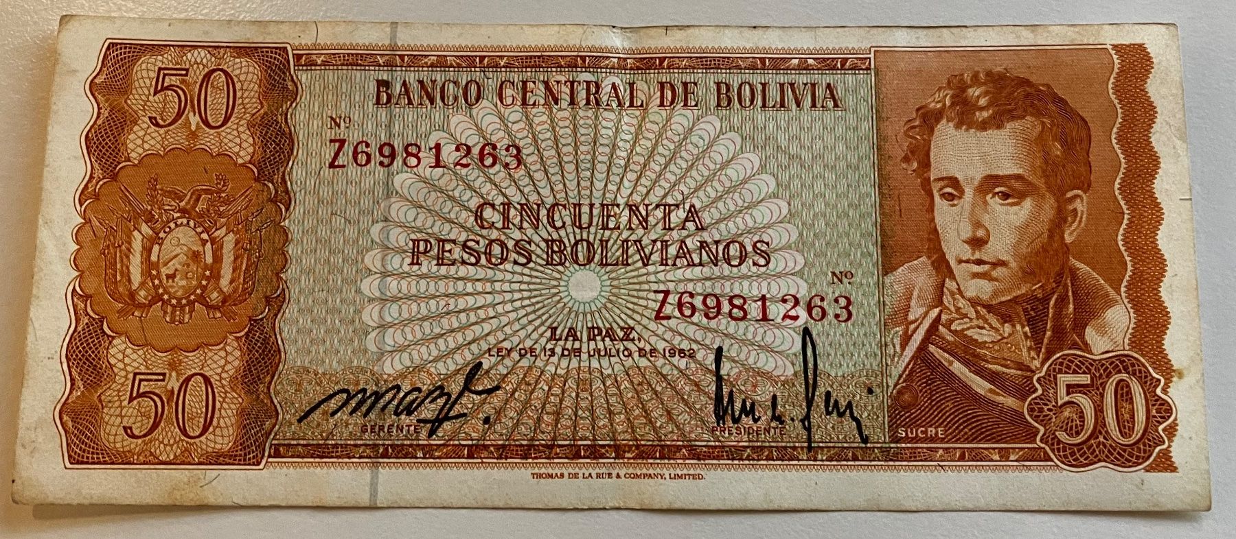 Banknoten: Bolivien 50 Bolivanos 1962 – Gebraucht aus Algetshausen von Carrhard