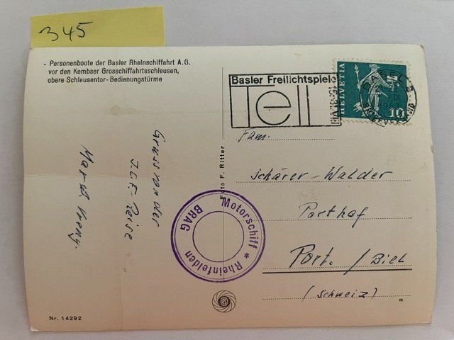 Ansichtskarten: Ansichtskarte Schleusen Basel mit Schiff, 1953 – Gebraucht aus Niederwil AG von dahu75 1