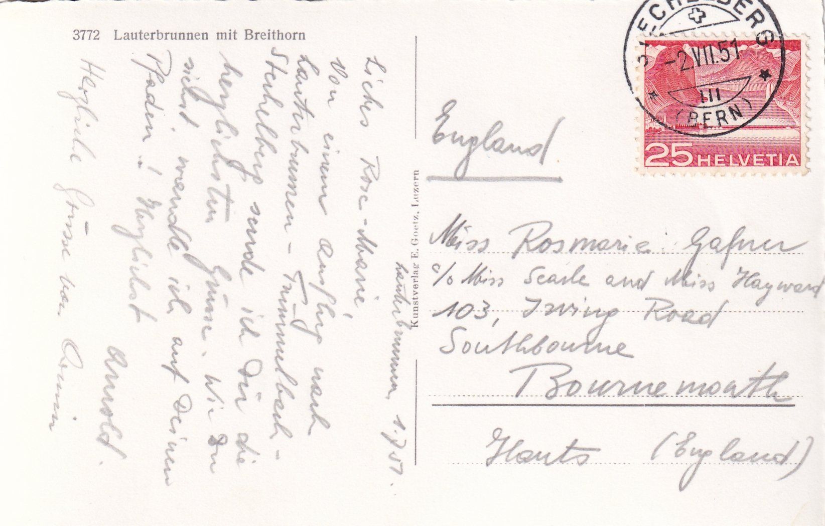 Cartoline postali: Lauterbrunnen mit Breithorn /mp – Usato da Hombrechtikon venduto da Rudolf07 1
