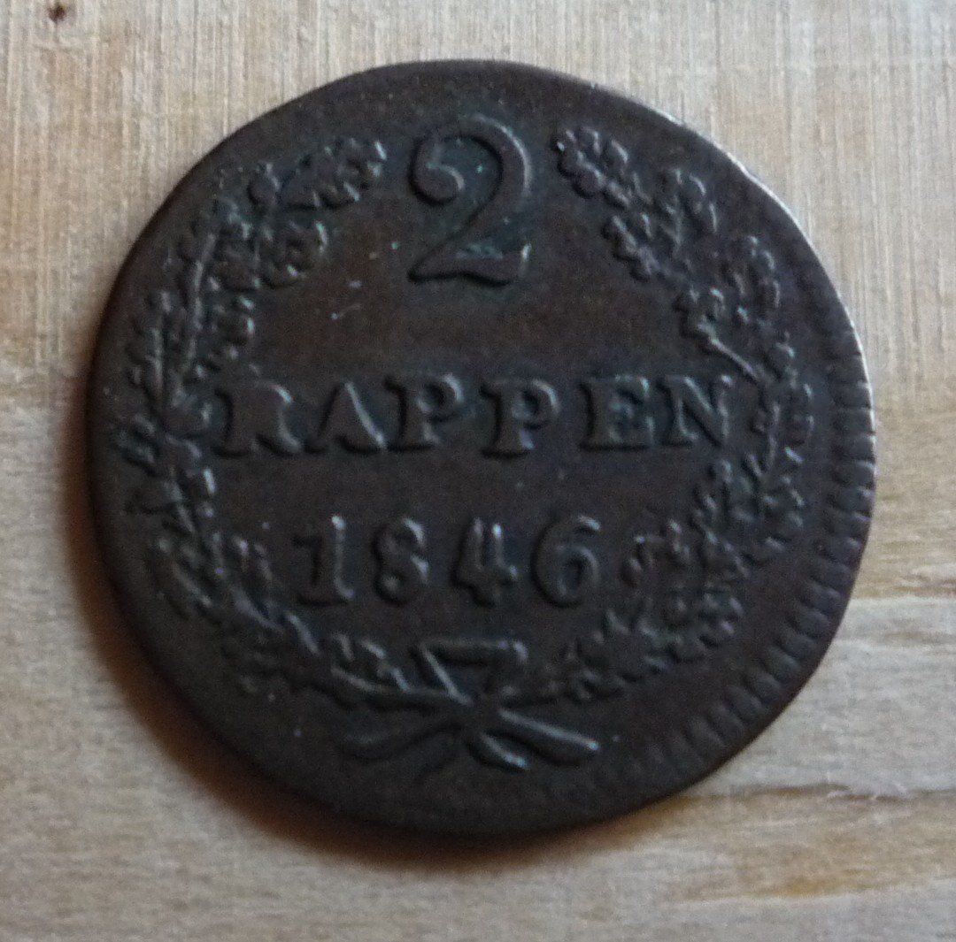 Alle Münzen: 2 Rappen 1846, Schwz, ss – Gebraucht aus Rieden SG von Sammelfreund 1