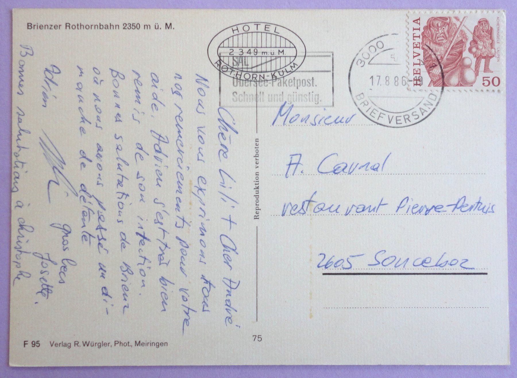 Cartoline postali: Brienzer Rothornbahn 2350 m ü.M. – Usato da Fétigny venduto da Billy2miny 1