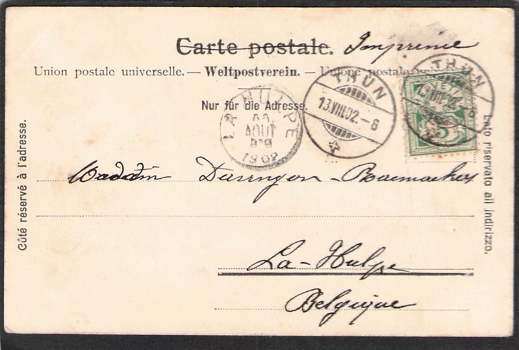 Cartoline postali: -Thun vom Thunerhof aus , 1902 – Usato da Reichenburg venduto da Pipo-67 1