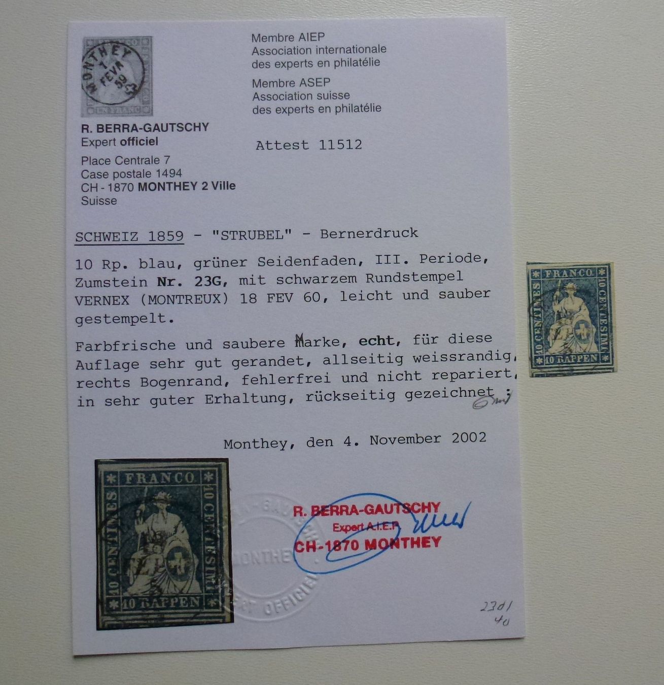 Tutti i francobolli: 1859 - Strubel 23G - Bernerdruck mit Attest – Usato da Walkringen venduto da Casablanca777 2