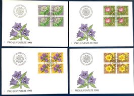 1991 - Pro  Juventute FDC im Viererblöcke