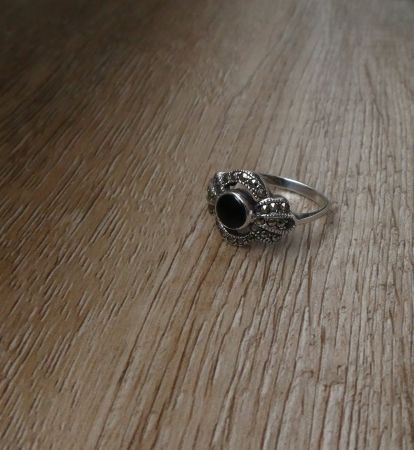 antiker Fingerring 925 Silber Markasiten Onyx Ring